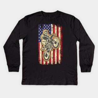 Dirt Bike Motocross American Flag Biker 4th of July Kids Long Sleeve T-Shirt